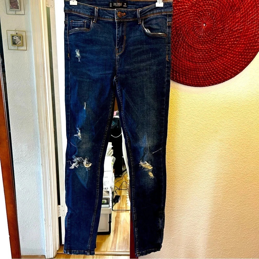 Zara Trafaluc Dark Denim Distressed Skinny Ankle Jeans size 2